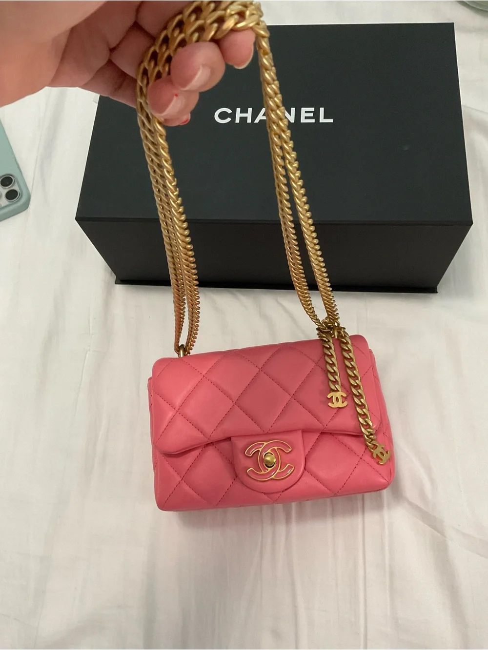 22P Pink Enamel Lambskin Quilted Pending CC Small Square Flap Aged Gold Hardware